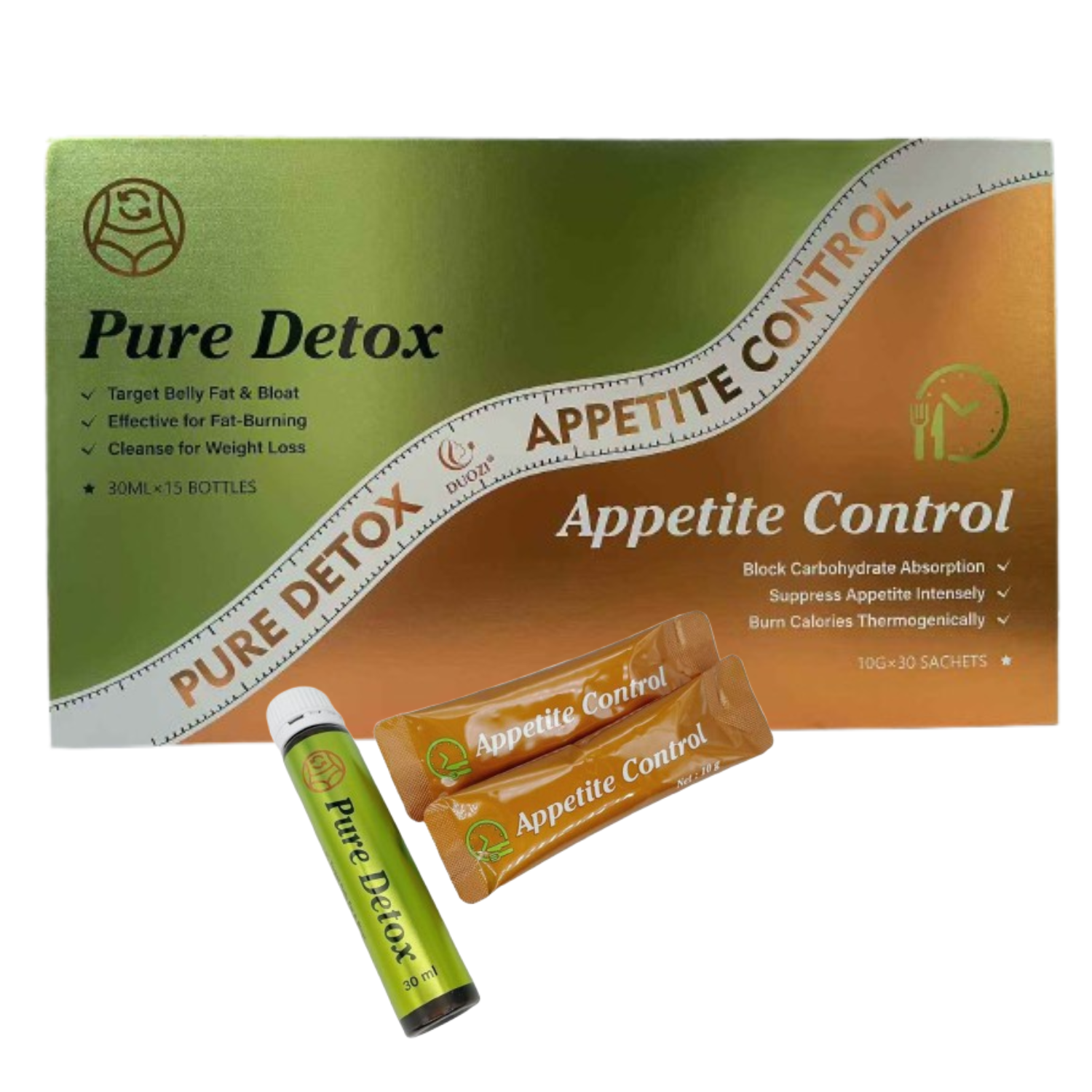 Duozi – Chiselan – Pure Detox – Appetite Control – Fat Burning – Cure  complète amincissement – 30 sachets 10gr / 15 flacons 30ml à boire