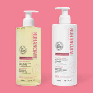 Routine Nuhanciam composée de l'Huile de Douche Émolliente Lavante et du Baume Émollient Apaisant pour peaux sèches, sensibles et à tendance atopique.
