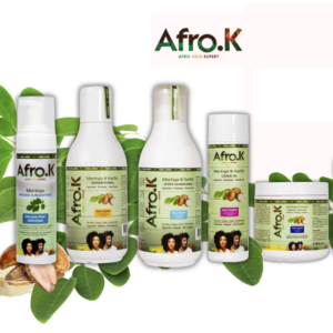 Rituel complet Afro K Moringa & Karité comprenant shampooing, après-shampooing, masque, leave-in et mousse sublimatrice pour cheveux afro, bouclés et crépus.