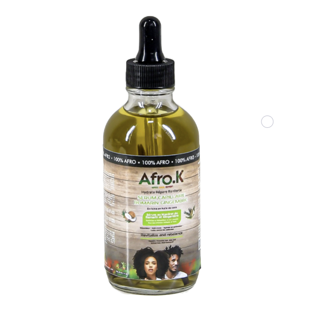 Sérum Capillaire Romarin Gingembre Afro K Sérum capillaire Afro K au romarin et gingembre pour favoriser une croissance saine des cheveux afro